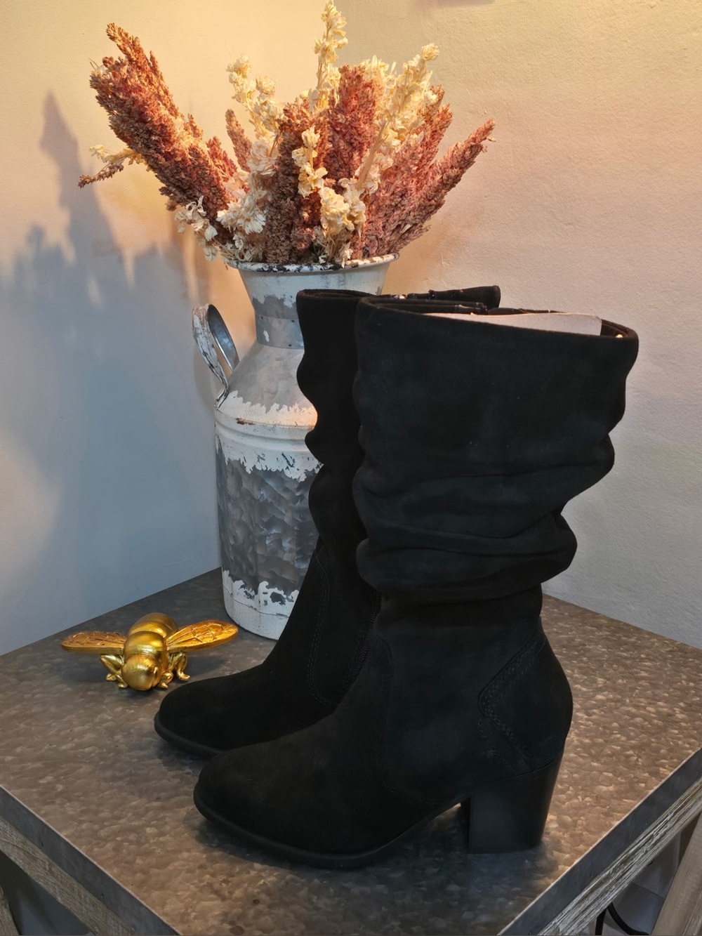 NIB Earth Vine Black Suede Mid-Calf Block Heel Boots Size 6M